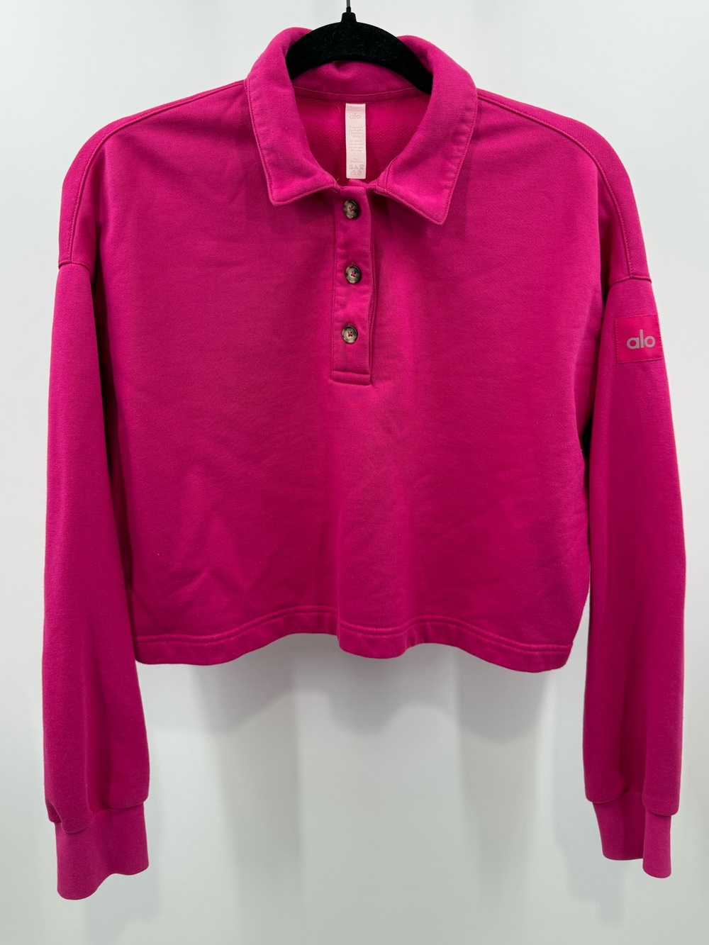 Alo Yoga Henley Polo Cropped Sweatshirt Magenta Crush Size XS